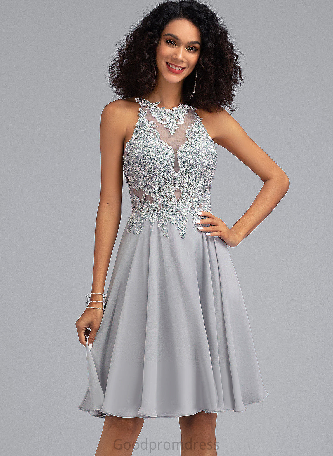 Chiffon Sequins Knee-Length Scoop A-Line With Sidney Prom Dresses Lace