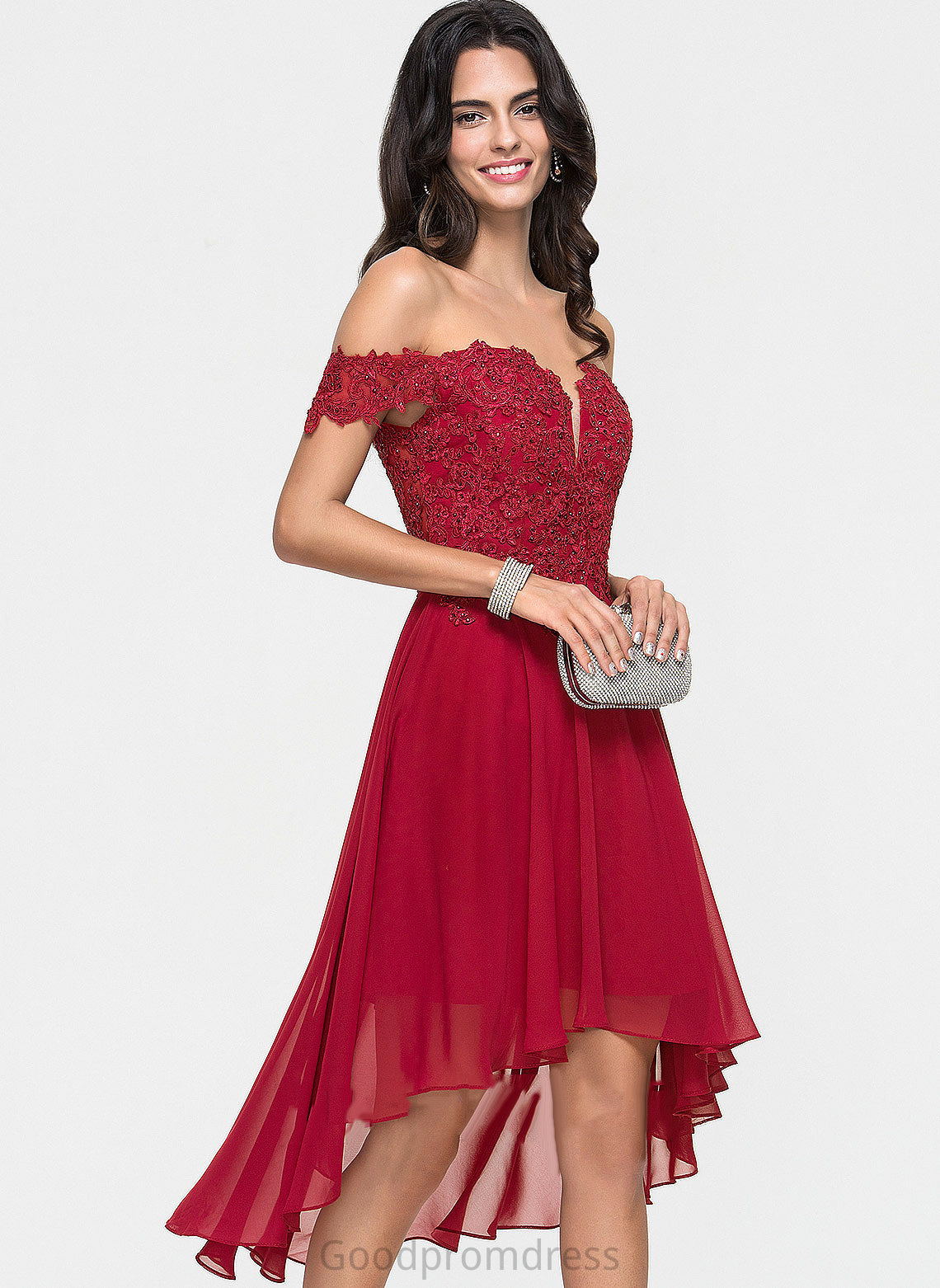 Homecoming Dresses Jaelynn Asymmetrical Chiffon Off-the-Shoulder A-Line Lace With Homecoming Beading Dress