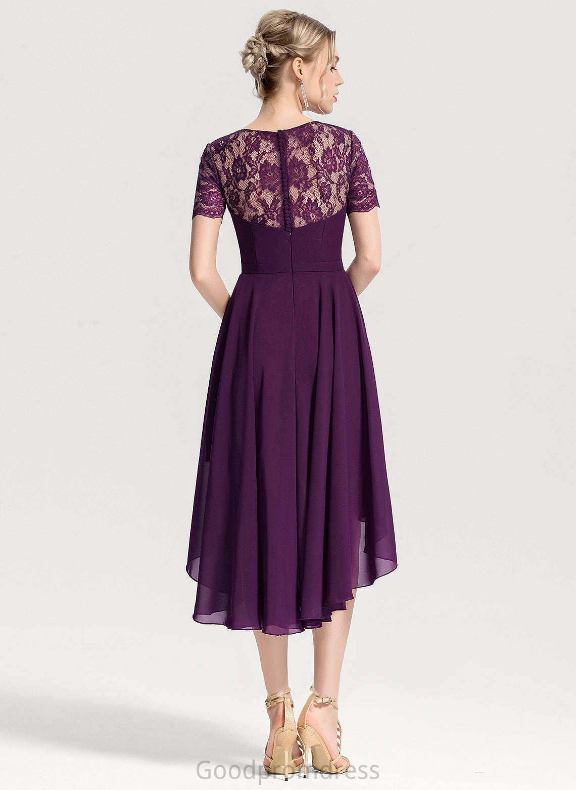 Silhouette Asymmetrical Neckline Straps&Sleeves Scoop Lace Length Fabric A-Line Gabriella Bridesmaid Dresses