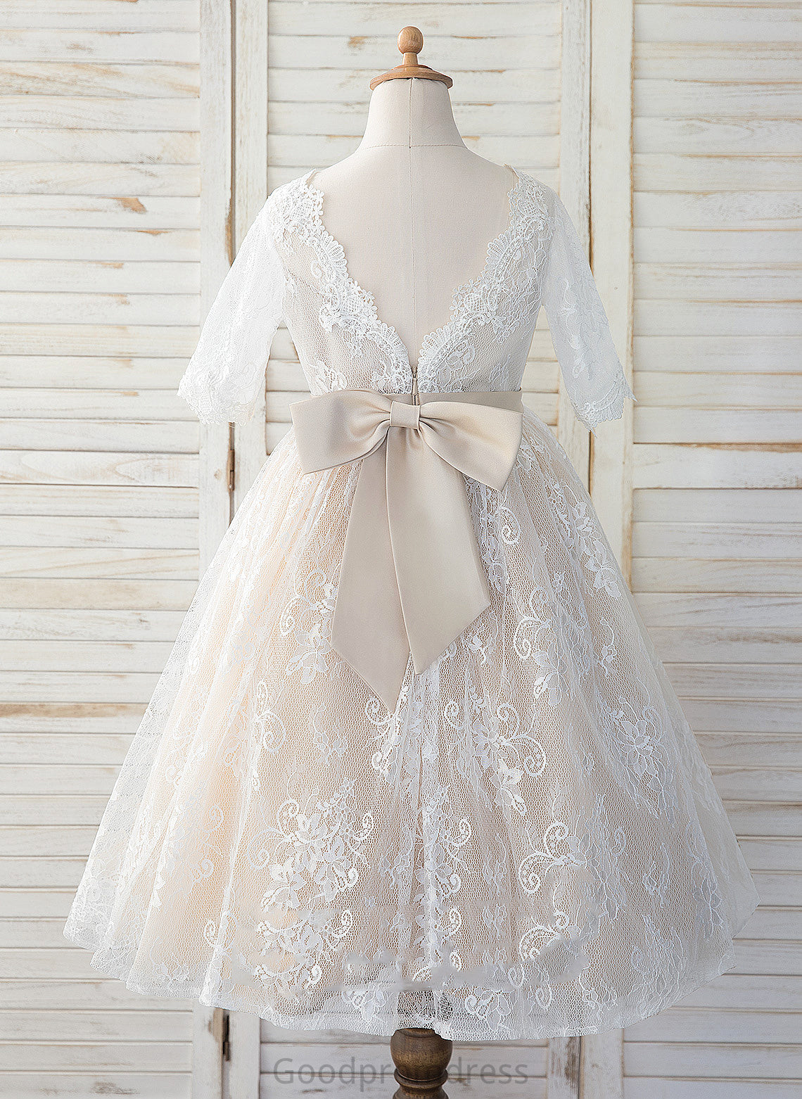 Flower Girl Dresses 3/4 A-Line Bow(s) Sleeves Dress Tea-length Scoop Neck With - Miracle Tulle/Lace Girl Flower