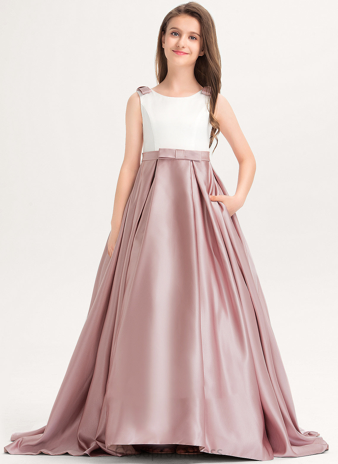 Train Rylie Sweep Pockets Bow(s) Ball-Gown/Princess Scoop Satin Junior Bridesmaid Dresses Neck With