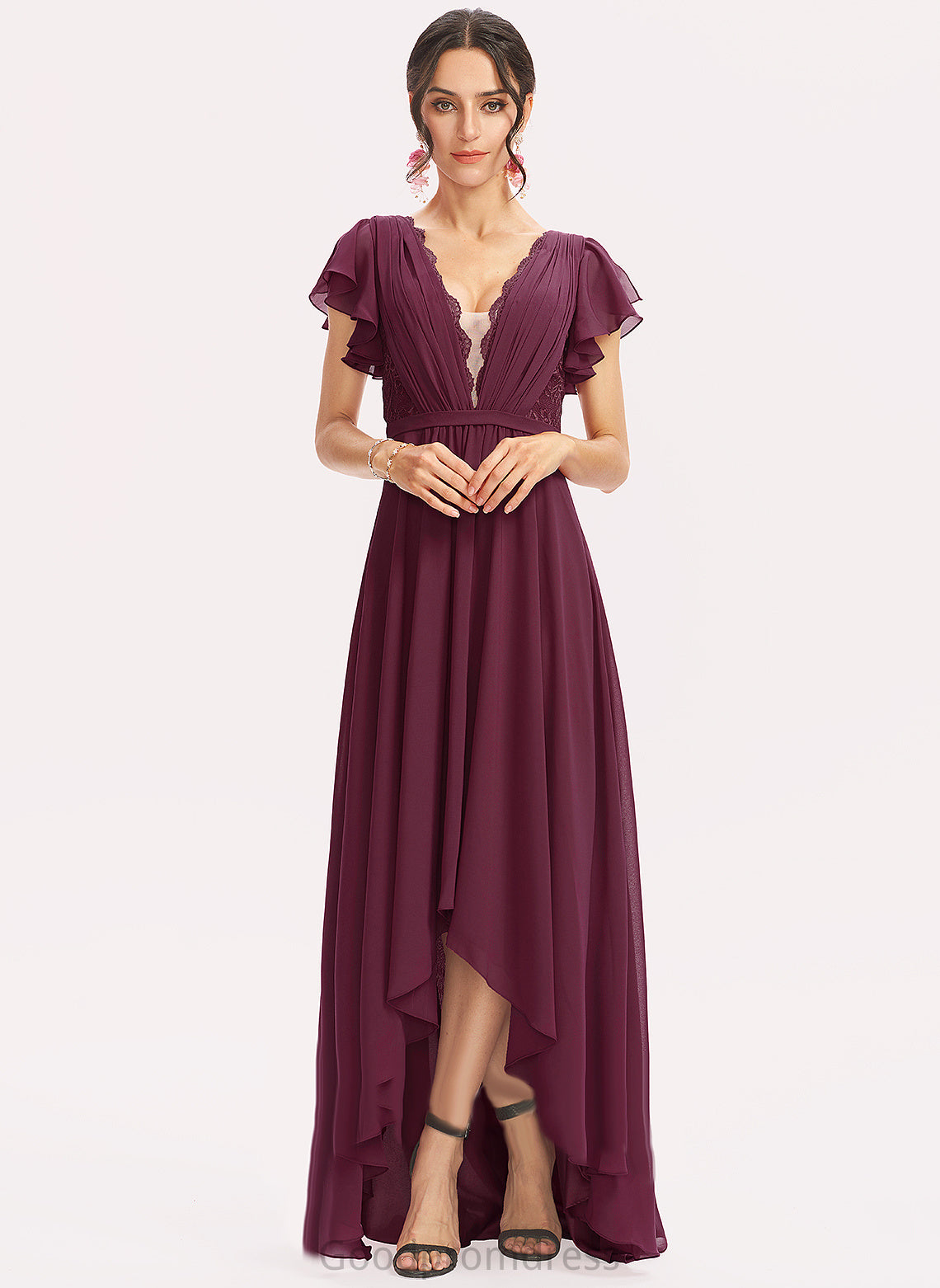 Chiffon Cocktail Dress Asymmetrical V-neck Cascading With A-Line Lace Cocktail Dresses Sonia Ruffles