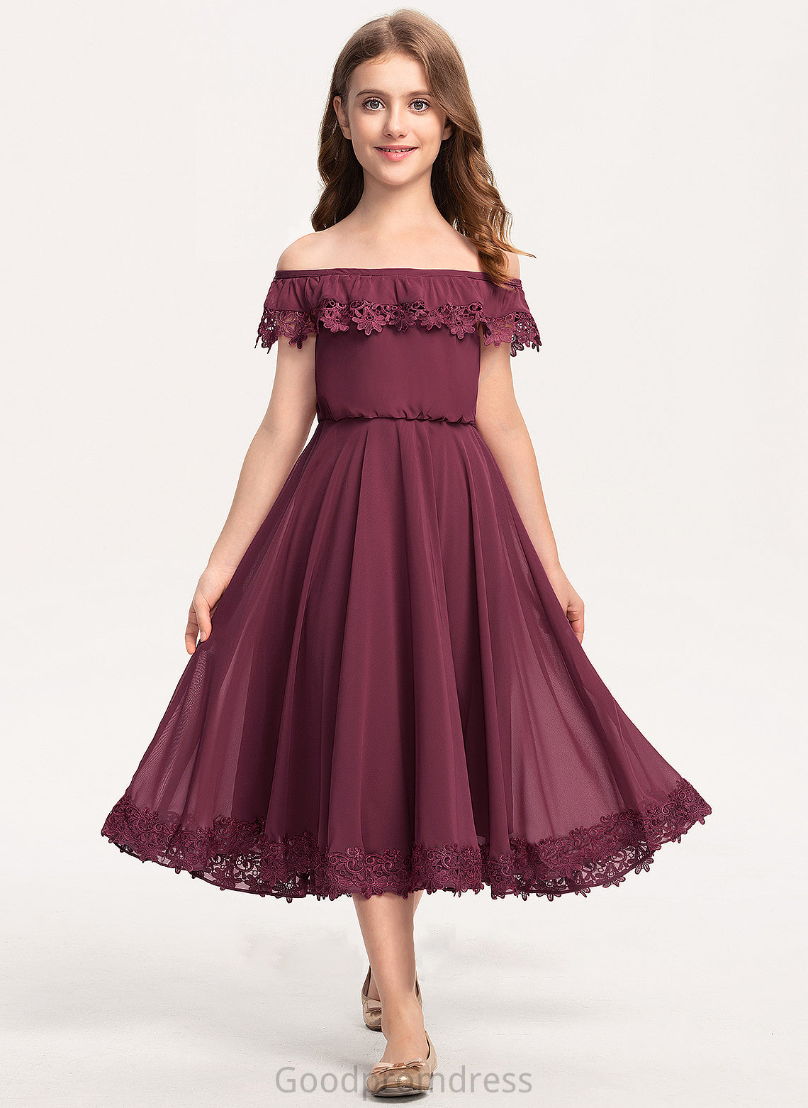 Tea-Length A-Line Junior Bridesmaid Dresses Sanai Lace Chiffon Off-the-Shoulder