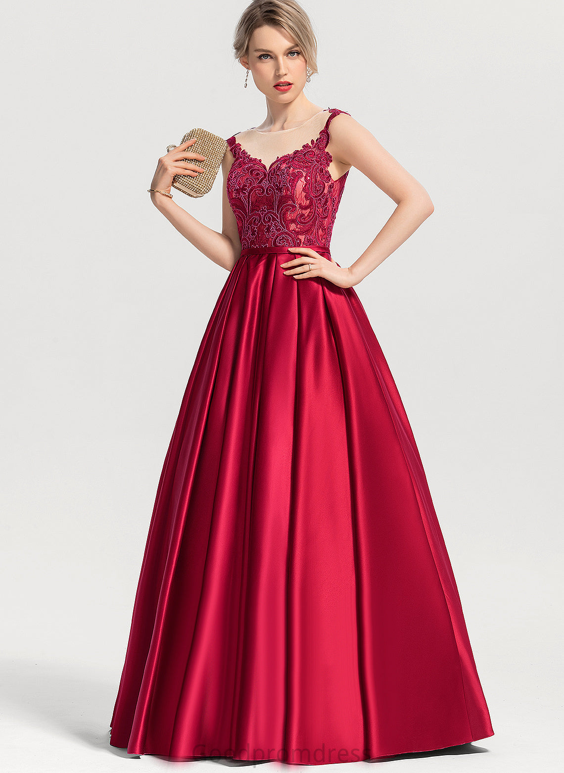 Jane Scoop Floor-Length Sequins Ball-Gown/Princess Illusion Lace With Satin Prom Dresses