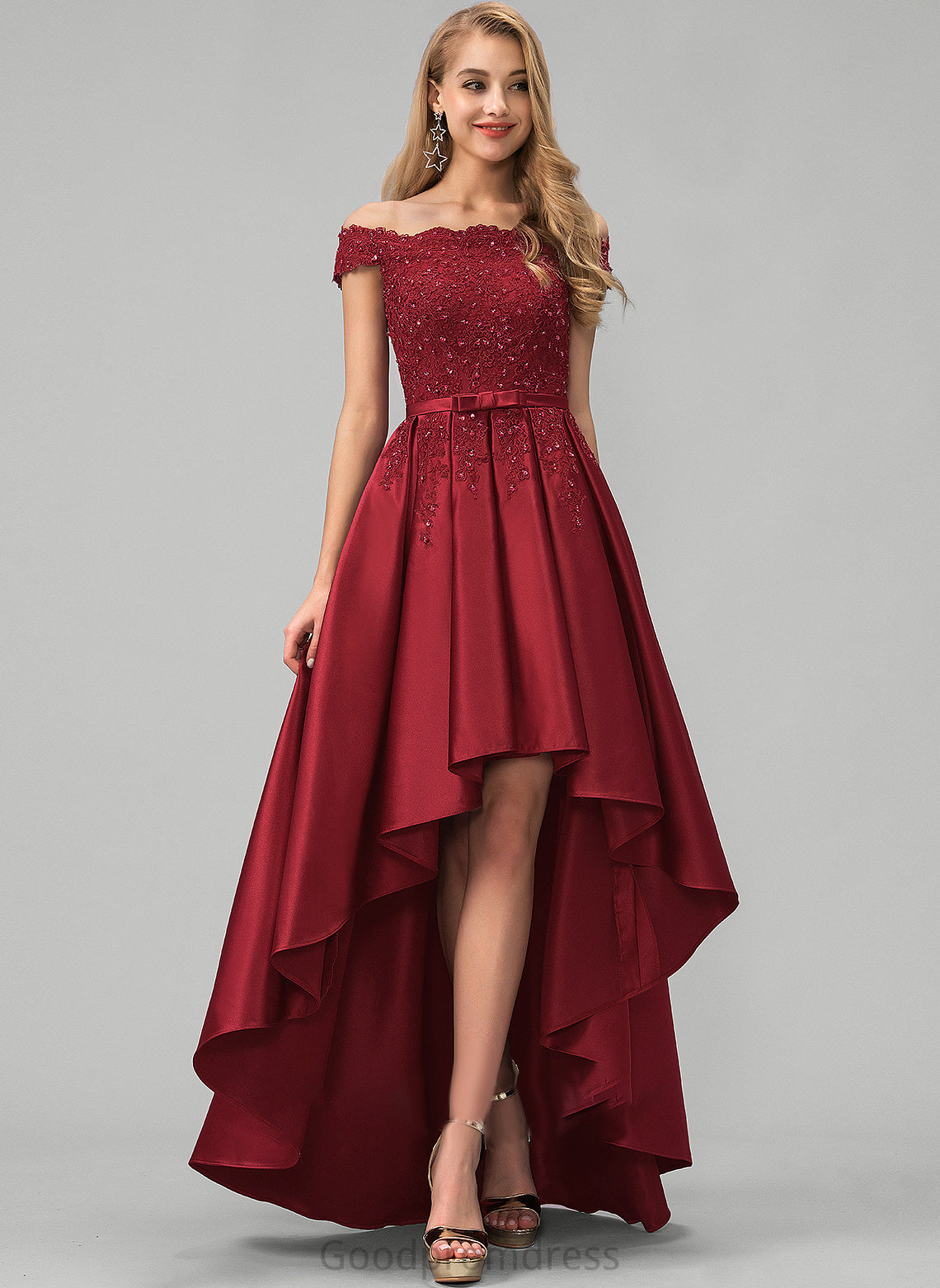 Beading Sequins Prom Dresses Off-the-Shoulder Ball-Gown/Princess Asymmetrical Lace Bow(s) Satin Mariyah With