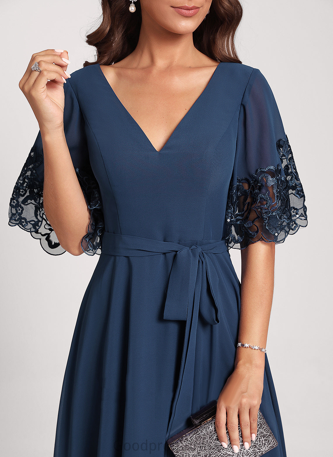 Dress A-Line Chiffon With Cocktail Sequins Tea-Length Lace Club Dresses V-neck Greta