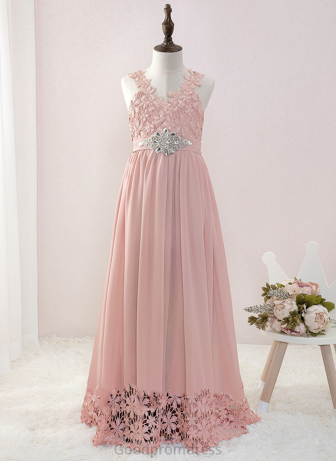 Girl - Dress With Sharon A-Line Beading Flower Girl Dresses Flower Floor-length Chiffon/Lace Sleeveless V-neck