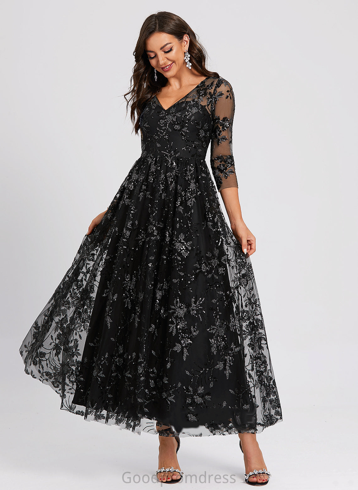 Lace Cocktail A-Line Sequined Ankle-Length Undine V-neck Cocktail Dresses Dress