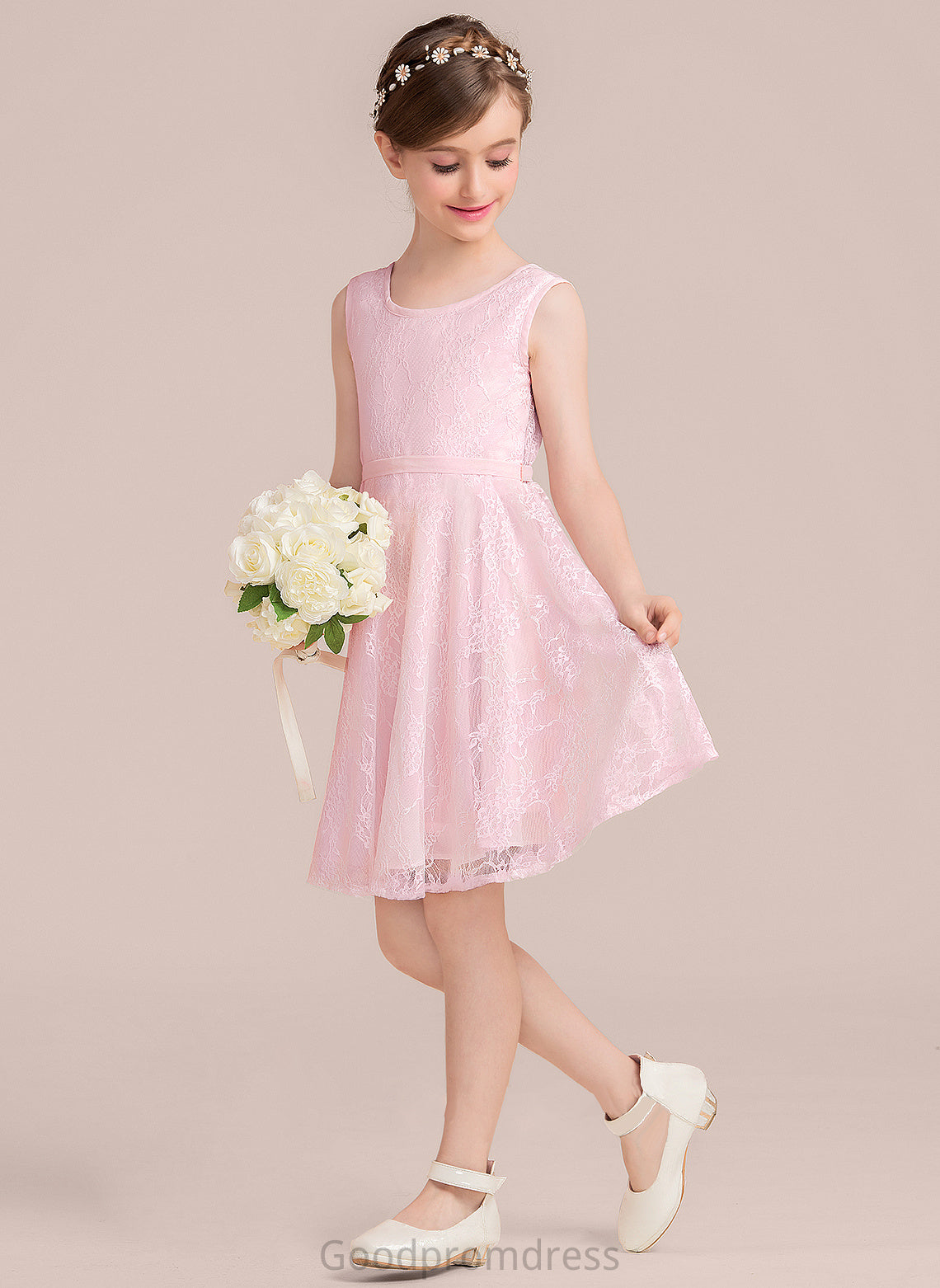 A-Line Scoop With Bow(s) Lace Sash Estrella Neck Knee-Length Junior Bridesmaid Dresses