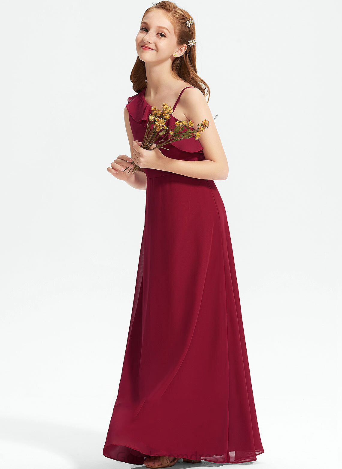 One-Shoulder A-Line Ruffles Chiffon Floor-Length With Junior Bridesmaid Dresses Nevaeh