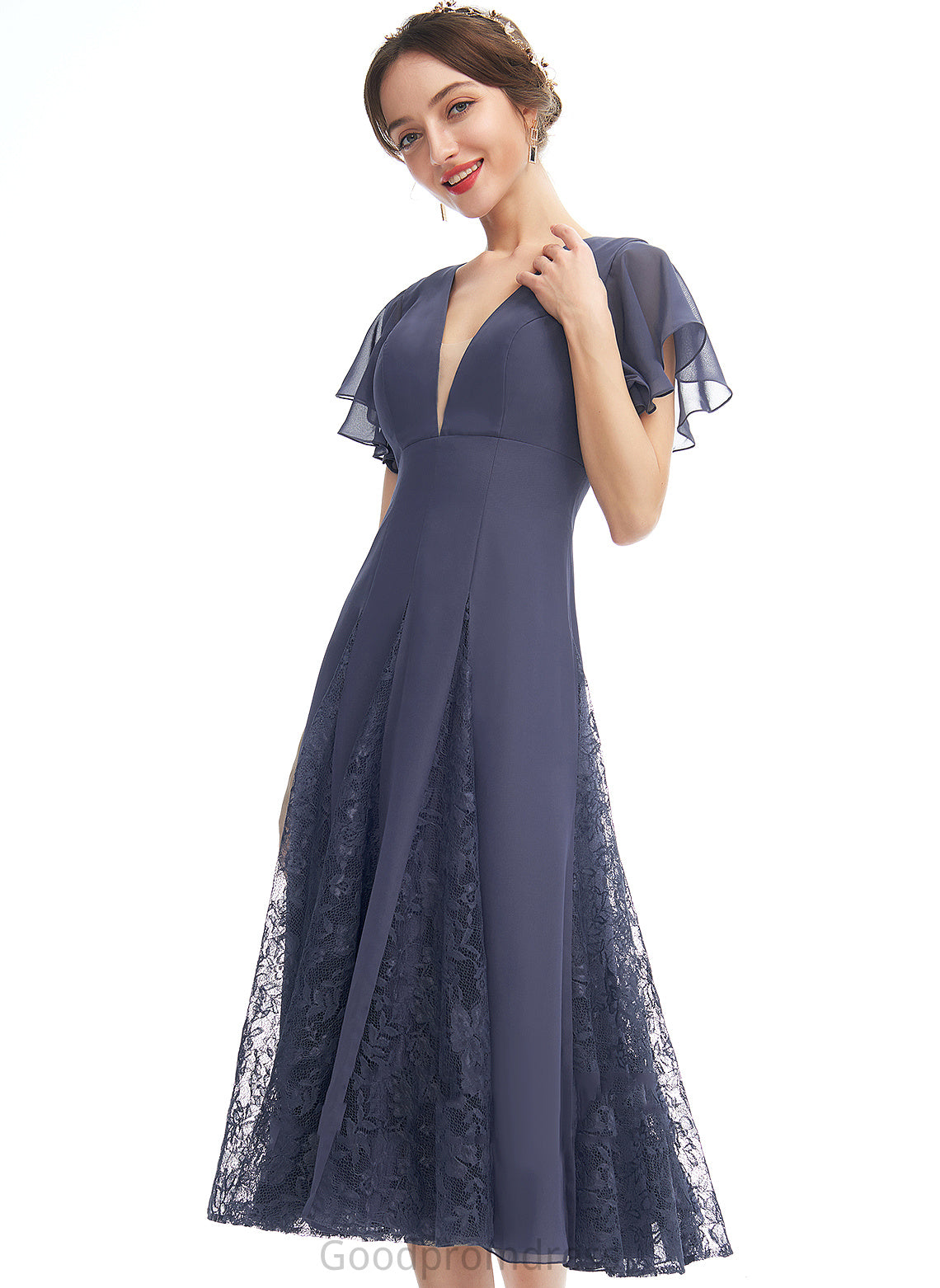 Knee-Length Cocktail Maritza Ruffle A-Line V-neck With Cocktail Dresses Dress Lace Chiffon