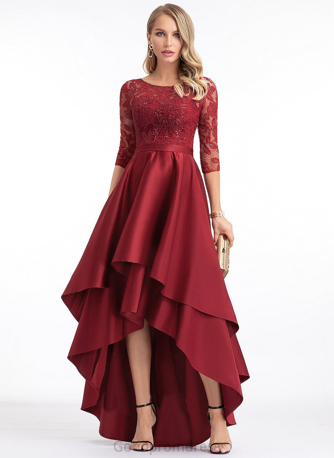 Round Lace Sleeves Neck 1/2 A-line Sequins Dresses Isabelle Asymmetrical Satin Satin Club Dresses