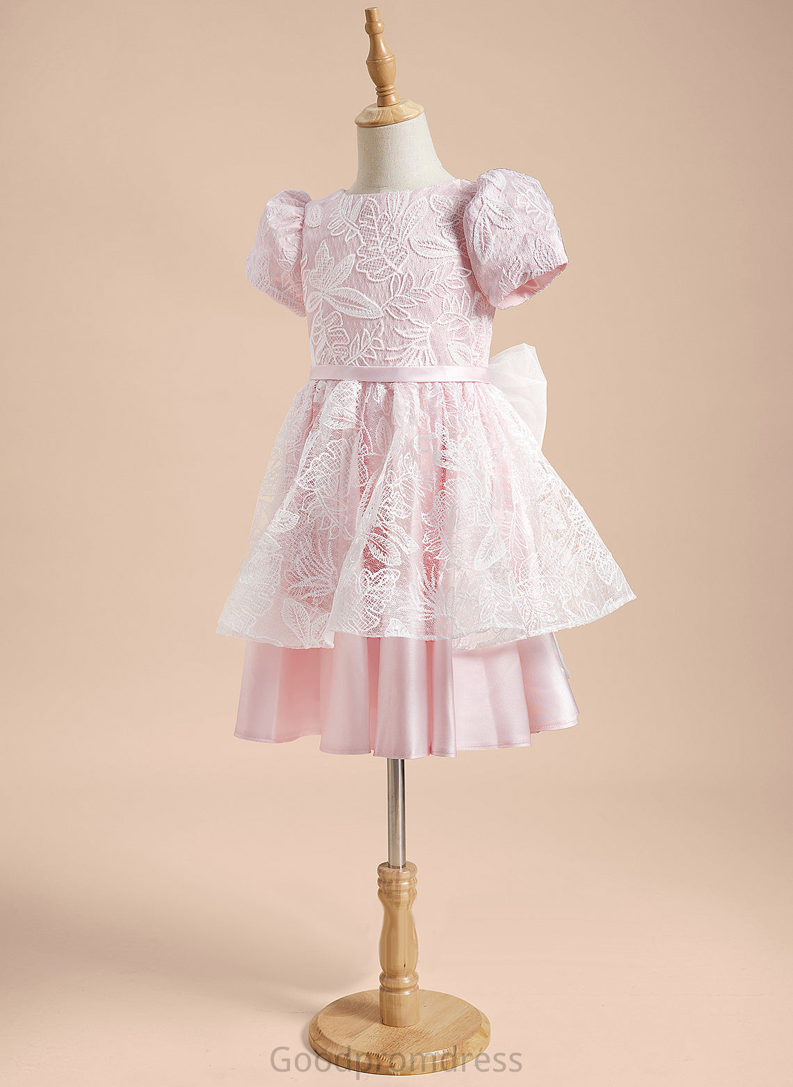 A-Line Short Flower Girl Dresses - Sleeves Knee-length Neck Emma Scoop Girl Flower Satin/Tulle With Lace/Sequins/Bow(s) Dress