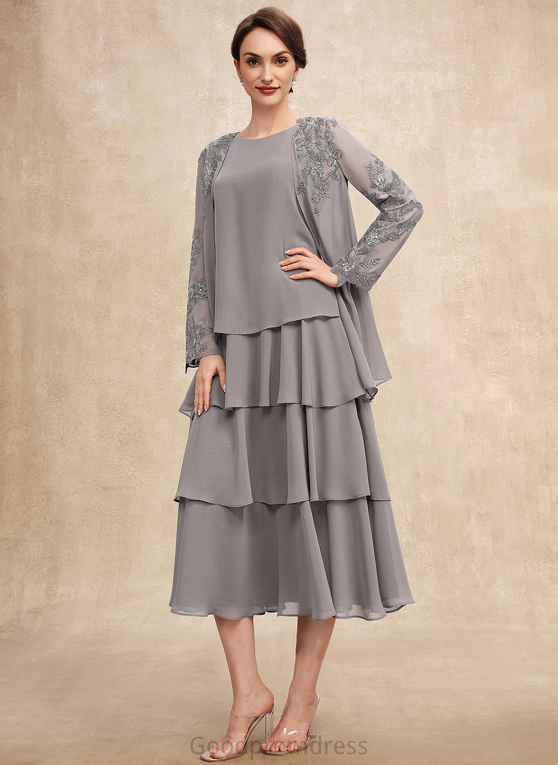 Bride Dress With the Karley Cascading Mother of the Bride Dresses Mother Tea-Length Ruffles A-Line Scoop Neck Chiffon of