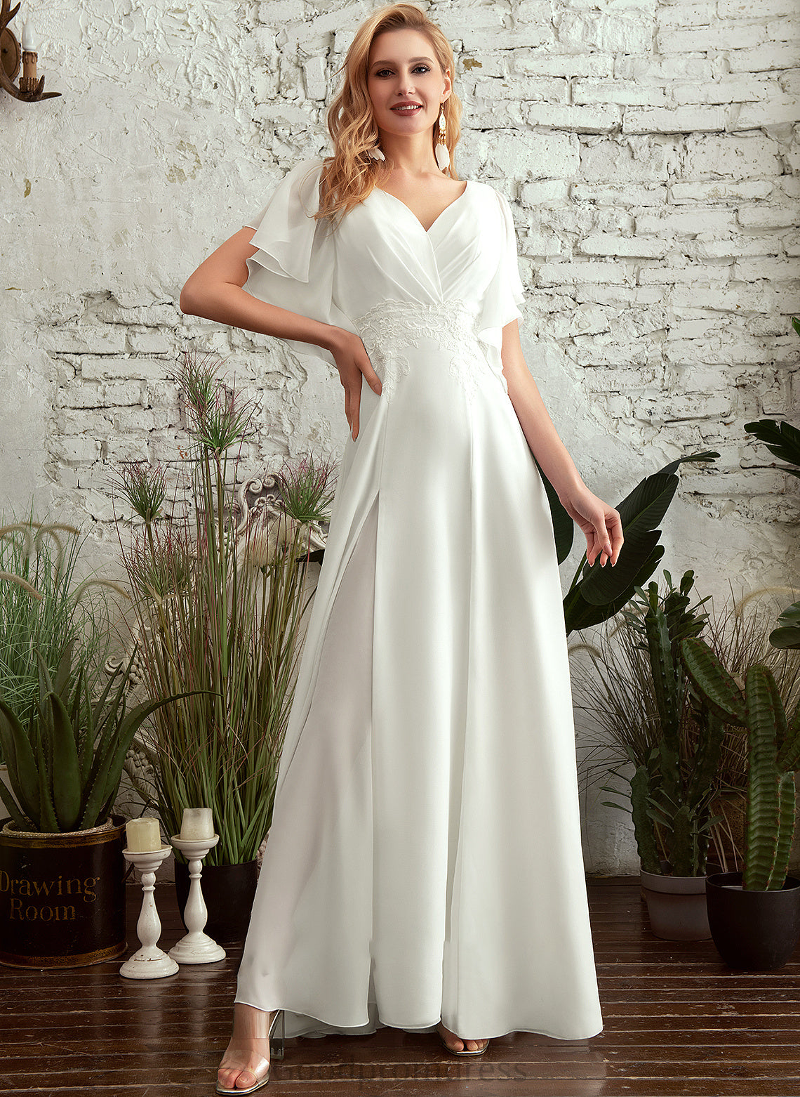 A-Line V-neck Wedding Dresses Dress With Floor-Length Gill Front Lace Split Wedding