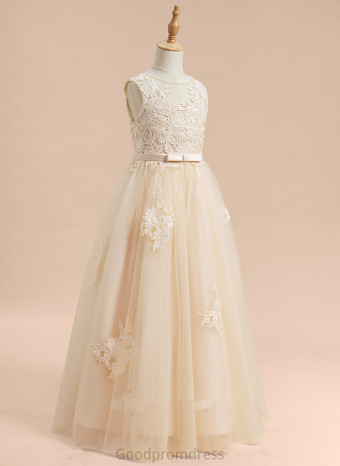 Ball-Gown/Princess Scoop Flower Flower Girl Dresses Dress Beading/Sequins/Bow(s) Girl With Floor-length Sleeveless Lauryn - Tulle/Lace Neck