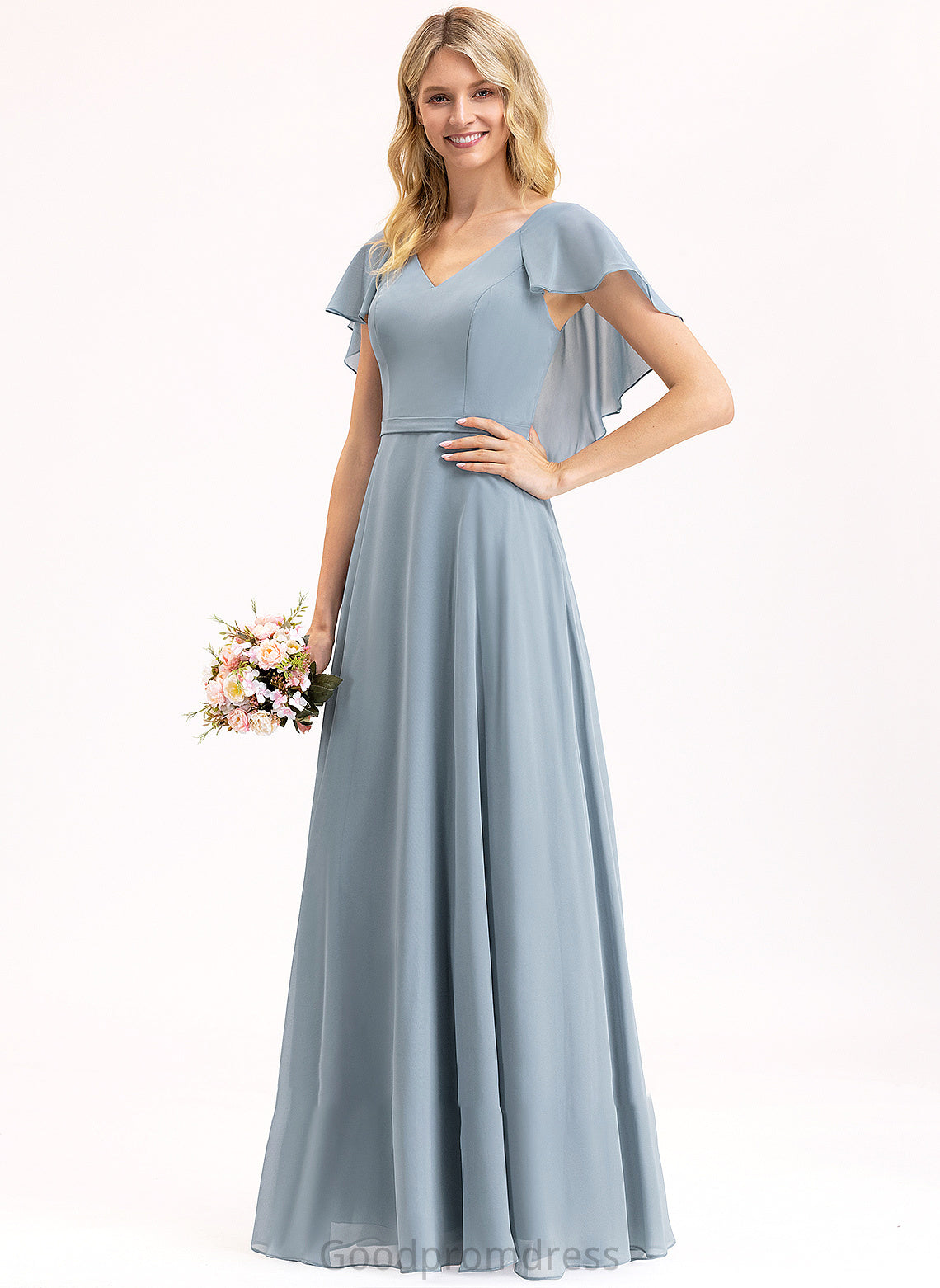 Silhouette Embellishment V-neck CascadingRuffles Neckline Floor-Length Length Fabric A-Line Kyleigh Sleeveless Floor Length Bridesmaid Dresses