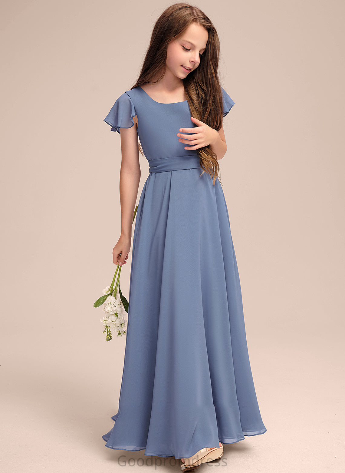 Scoop A-Line Neck Floor-Length Celia Junior Bridesmaid Dresses Bow(s) Chiffon With