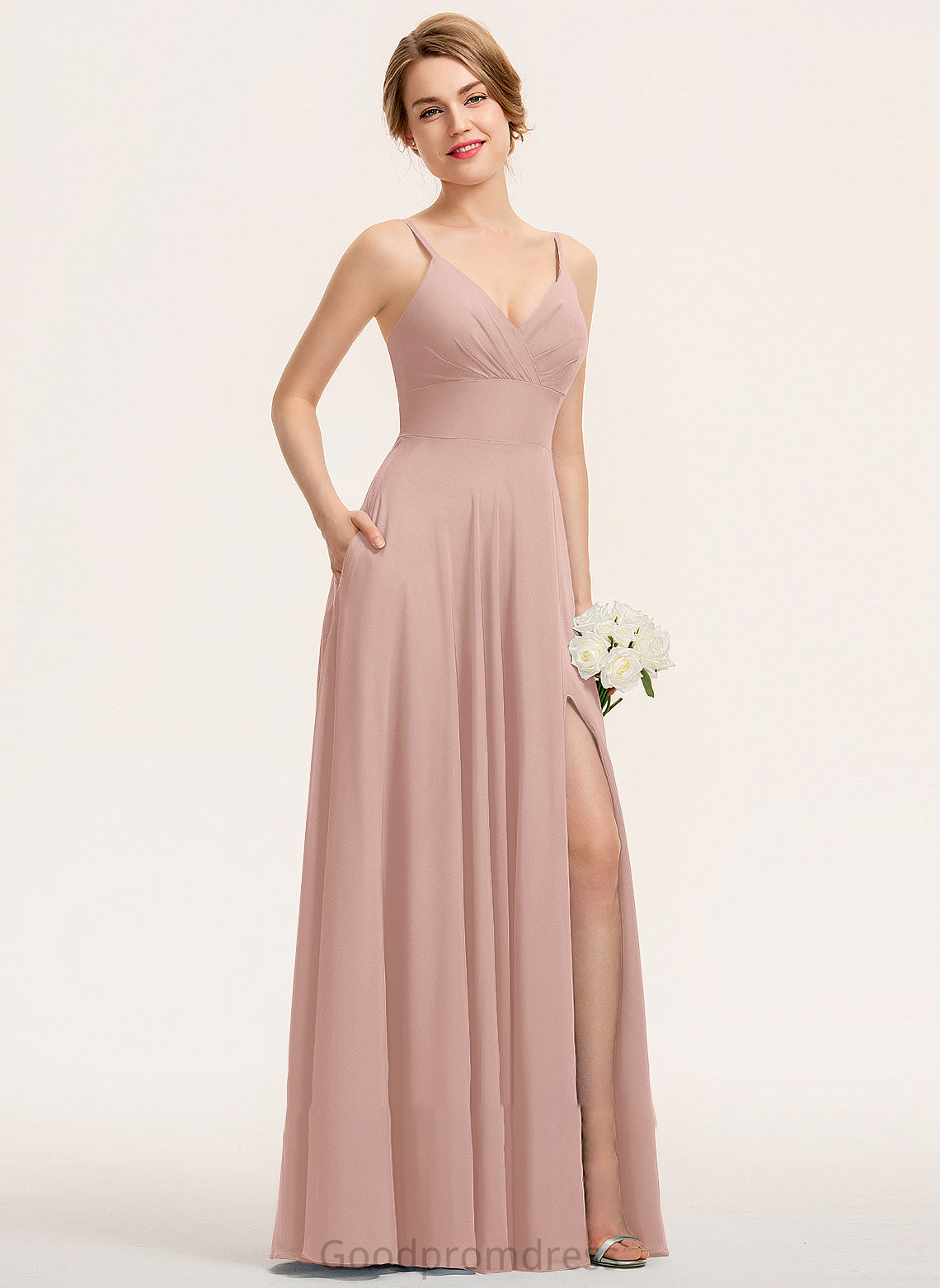 Prom Dresses Pockets Allyson Floor-Length Chiffon With A-Line Ruffle V-neck