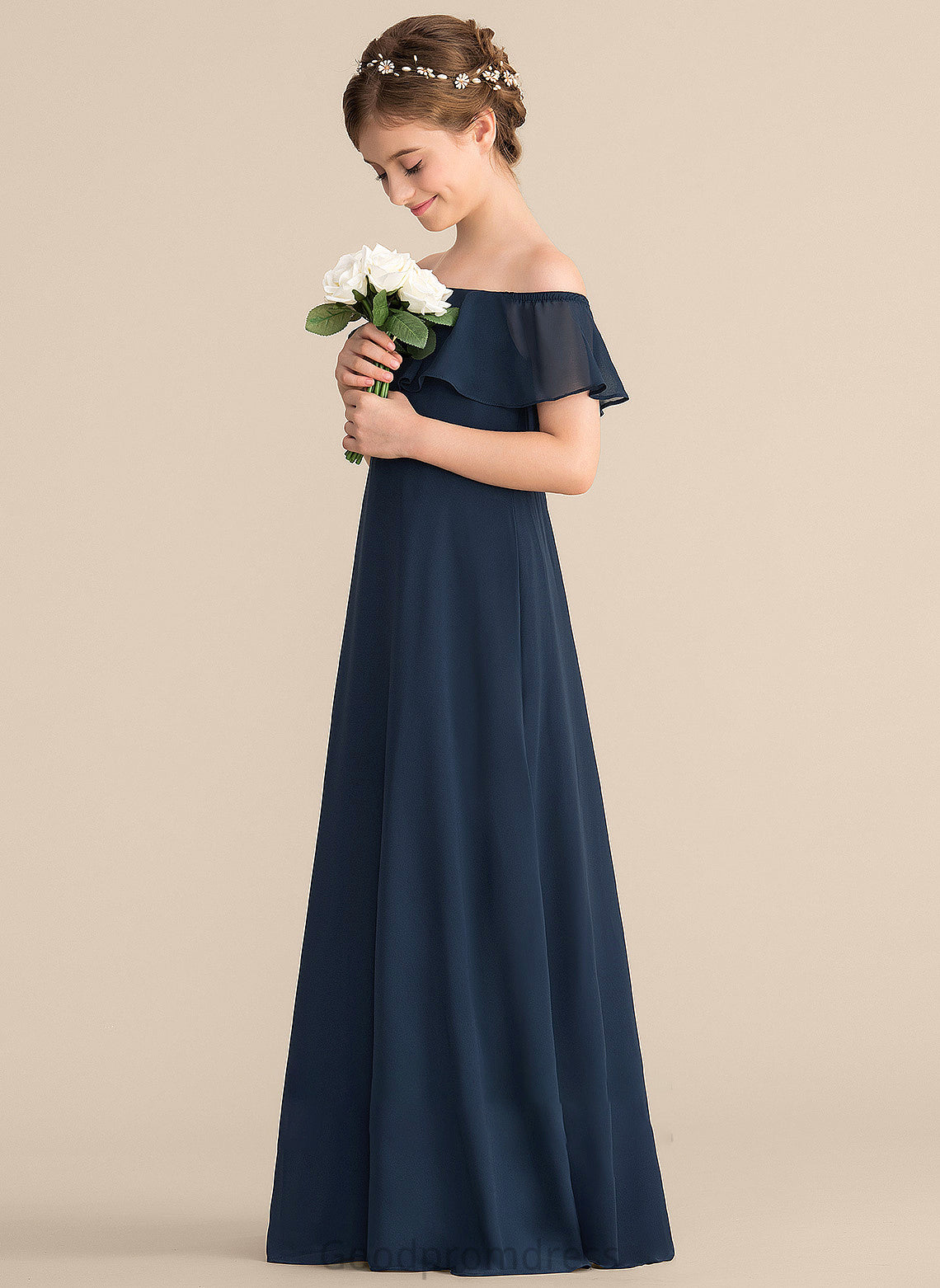 Junior Bridesmaid Dresses With Cascading Jocelynn Chiffon Ruffles A-Line Floor-Length Off-the-Shoulder