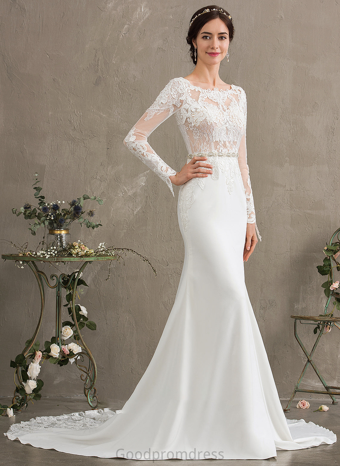 With Crepe Stretch Chapel Wedding Dress Beading Wedding Dresses Neck Trumpet/Mermaid Scoop Train Sequins Lola