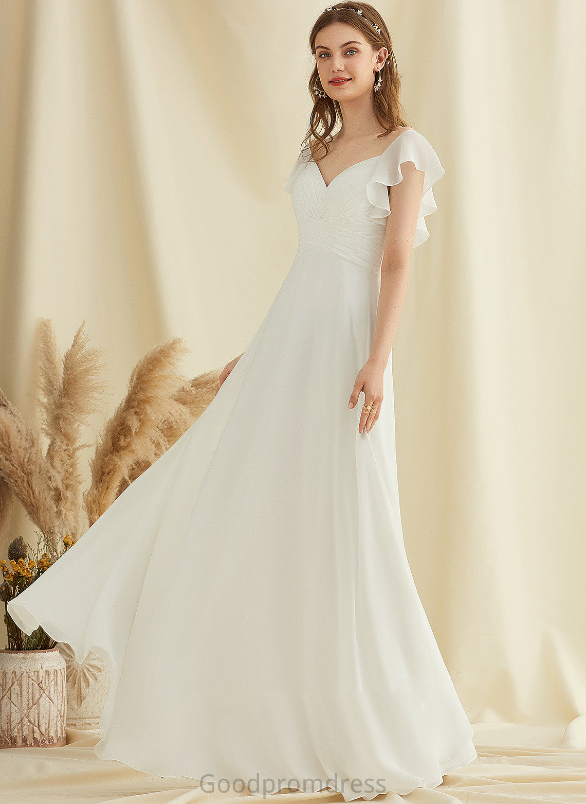 Keyla Wedding Dresses Wedding With Floor-Length V-neck Ruffle A-Line Dress Chiffon