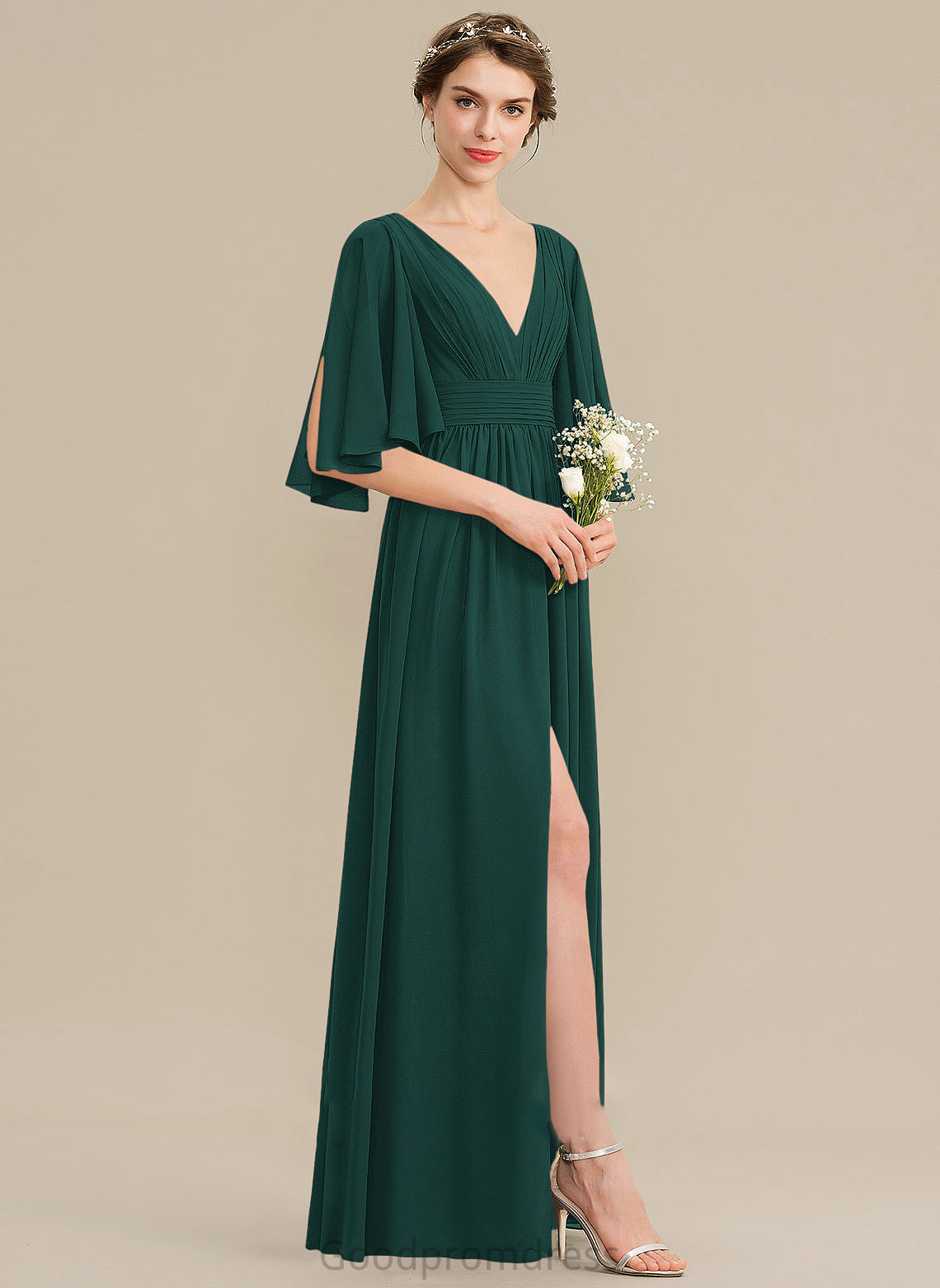 Neckline Fabric V-neck Embellishment Bow(s) Length Silhouette Floor-Length SplitFront A-Line Ruffle Rebekah Bridesmaid Dresses