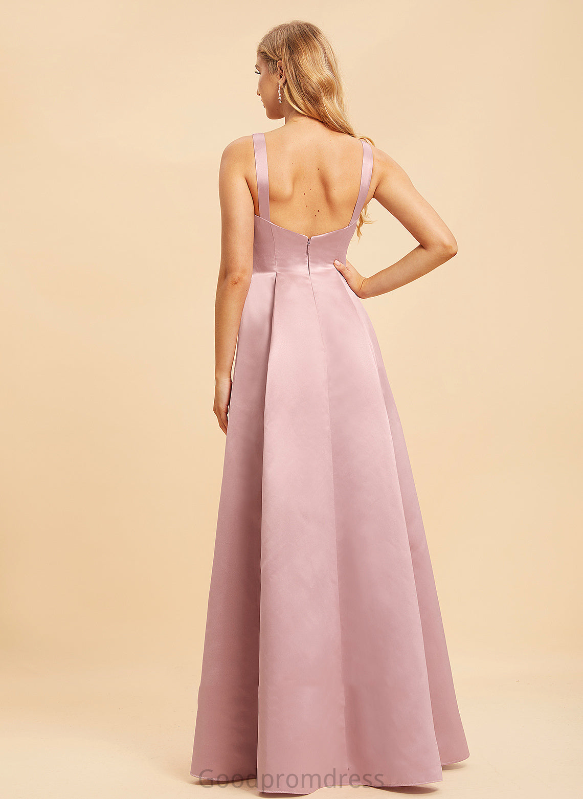 Neckline Length Fabric Satin A-Line Straps Floor-Length Silhouette V-neck Paloma Natural Waist Sleeveless Bridesmaid Dresses