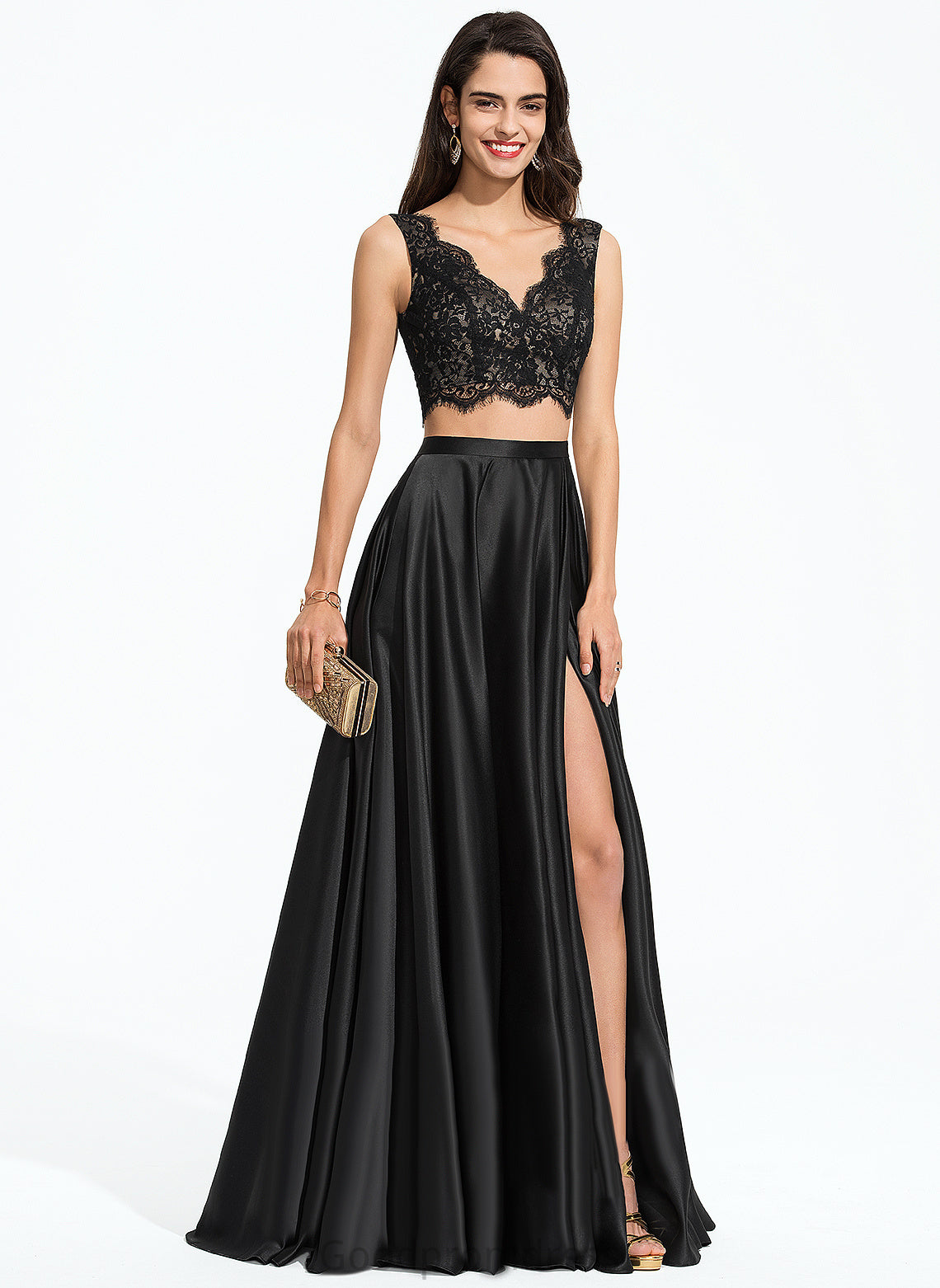 Amiyah V-neck Satin Floor-Length Prom Dresses A-Line Lace