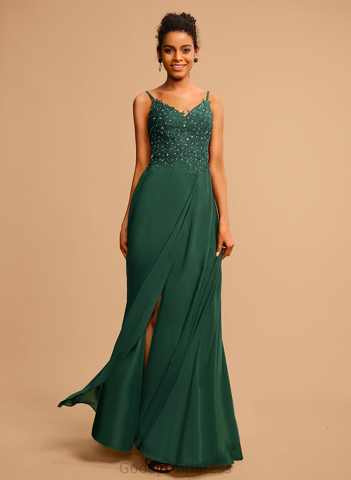 Sequins Beading Patience Lace Prom Dresses V-neck With Floor-Length Chiffon A-Line