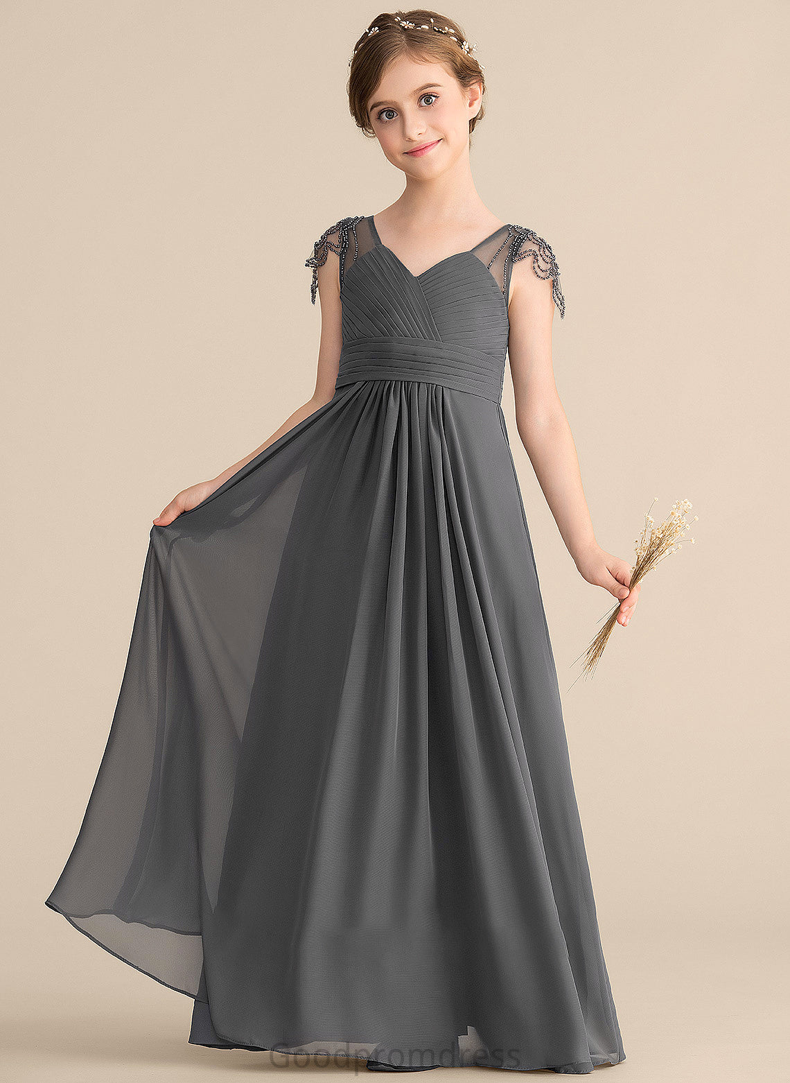 Ruffle V-neck A-Line Floor-Length With Chiffon Junior Bridesmaid Dresses Beading Cecelia