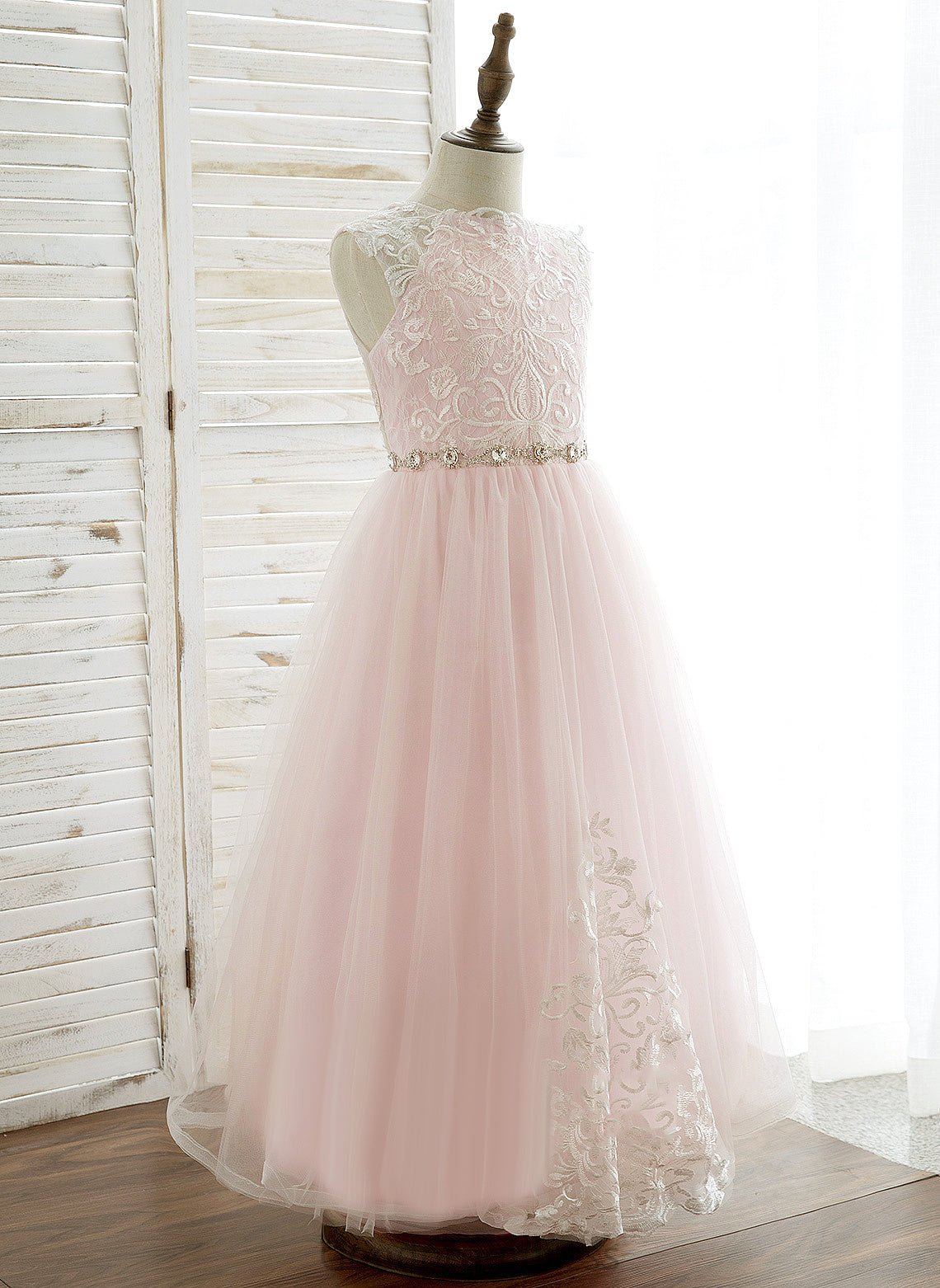 A-Line/Princess - With Neck Ankle-length Rhinestone Tulle/Lace Dress Flower Girl Dresses Sleeveless Dahlia Flower Girl Scoop