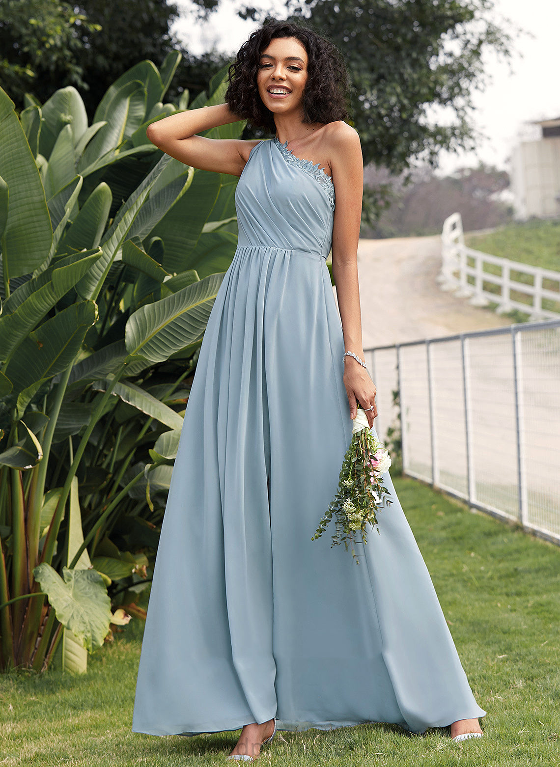 Sequins Silhouette One-Shoulder Neckline Embellishment Length A-Line Floor-Length Lace Fabric Molly Cap Sleeves Bridesmaid Dresses