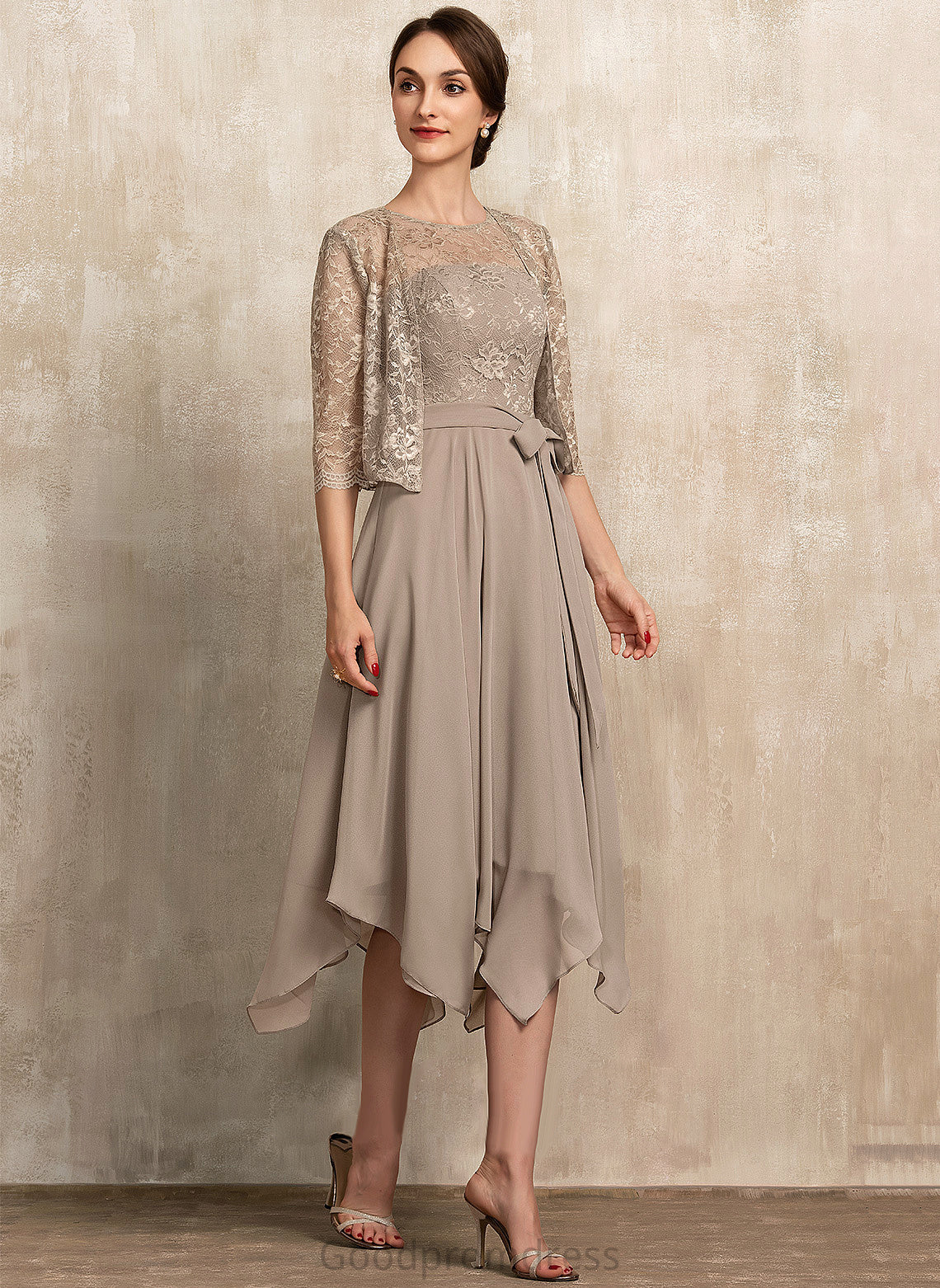 Neck Lace Cocktail Bow(s) With Cocktail Dresses A-Line Dress Tea-Length Scoop Chiffon Karley