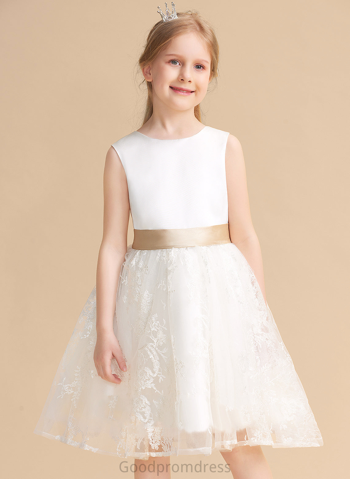 Flower Scoop - Satin/Lace Sash A-Line/Princess Jeanie Neck Girl Dress Sleeveless With Knee-length Flower Girl Dresses