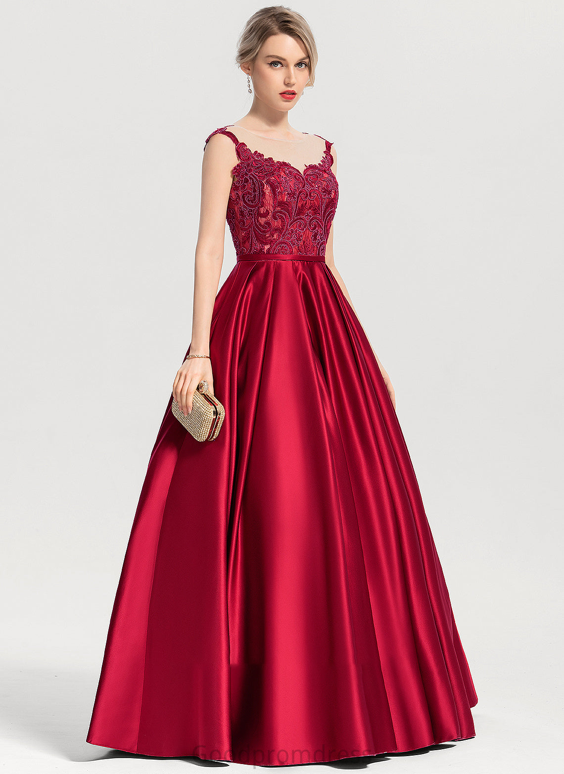 Neck Ball-Gown/Princess Prom Dresses Keely Satin Floor-Length Scoop Sequins With
