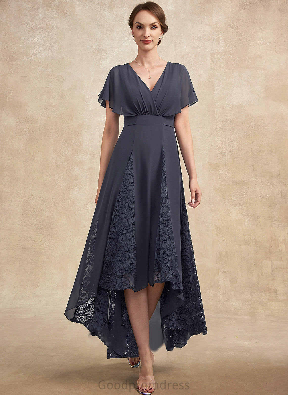 the Celia Mother of the Bride Dresses Bride V-neck Ruffle of Lace Asymmetrical A-Line With Dress Chiffon Mother