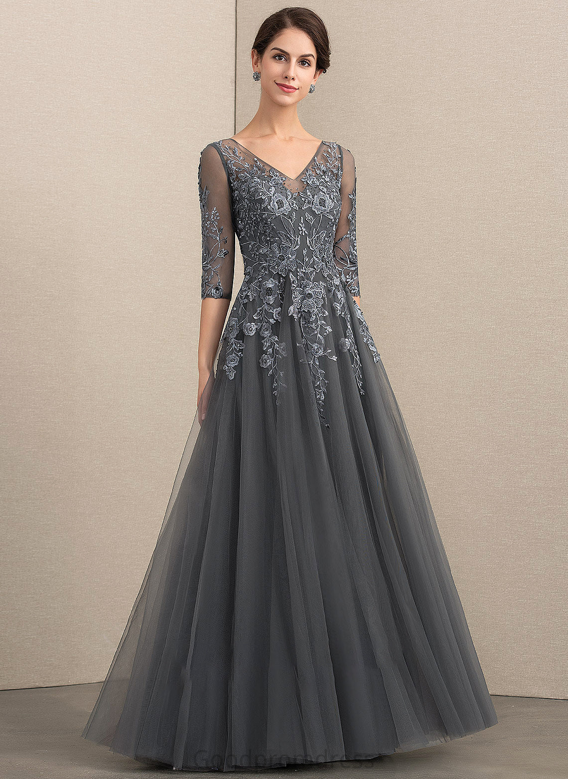 With Bride V-neck Mother of the Bride Dresses Beading Tulle of A-Line Mother Lace Sequins Dress Presley Floor-Length the