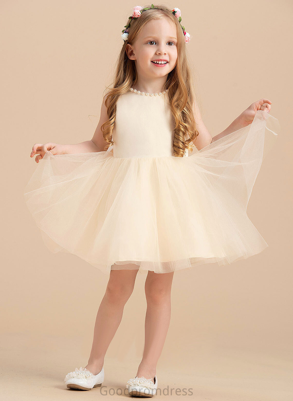 Satin/Tulle - Knee-length Dress A-Line Caitlyn Flower Neck Scoop Sleeveless With Beading Girl Flower Girl Dresses