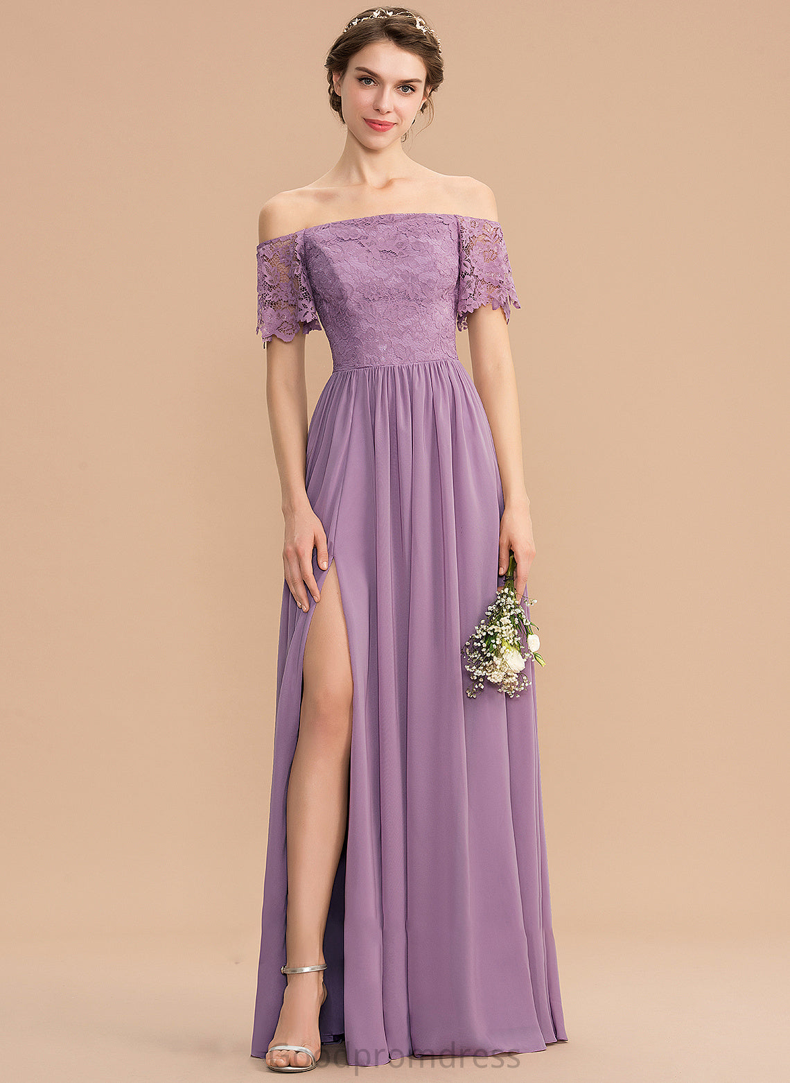 A-Line Silhouette Embellishment SplitFront Floor-Length Fabric Off-the-Shoulder Neckline Length Thirza Floor Length Natural Waist Bridesmaid Dresses