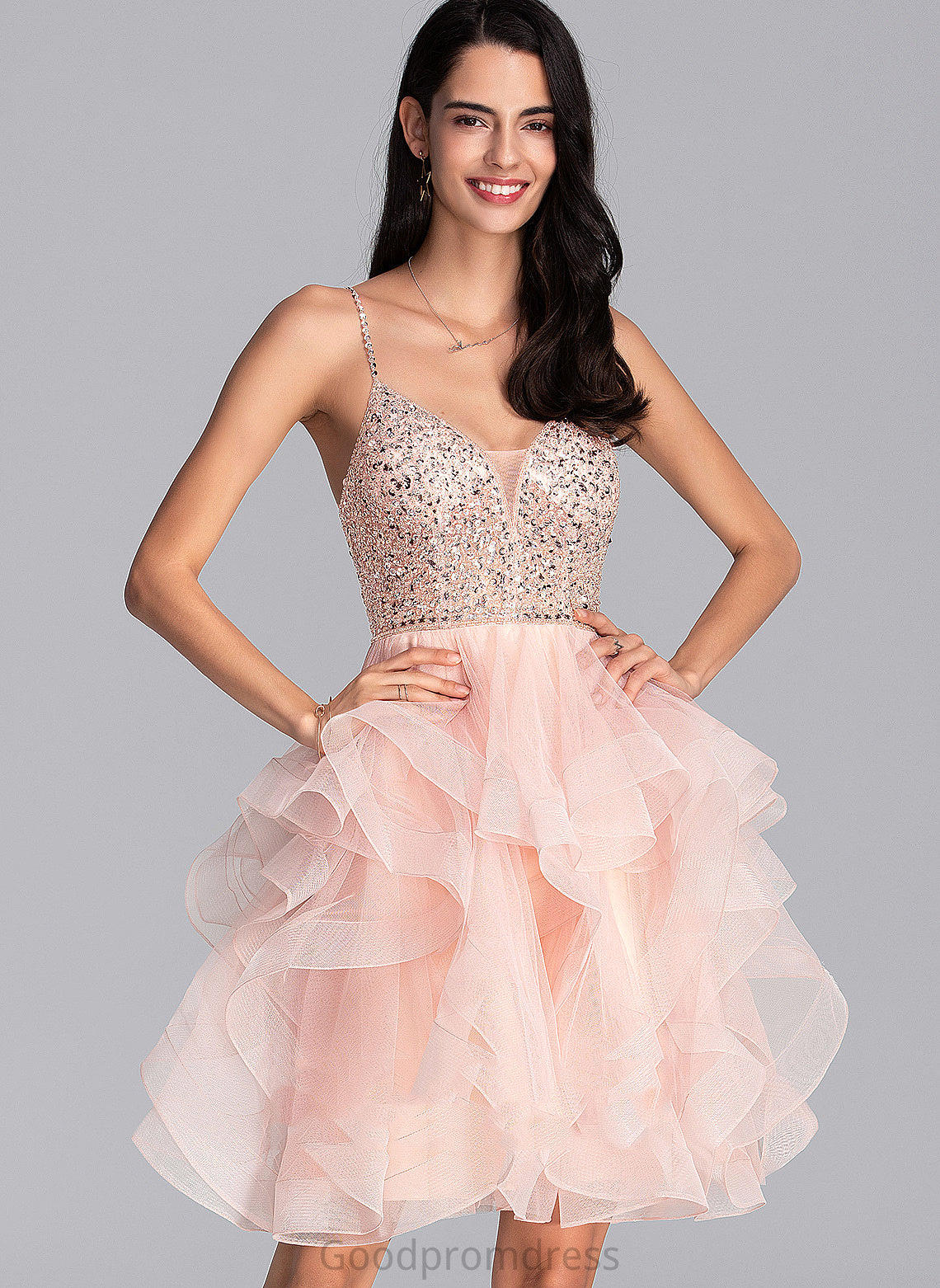 Knee-Length Beading V-neck With Tulle Phyllis Homecoming Dresses Dress Sequins Ball-Gown/Princess Homecoming