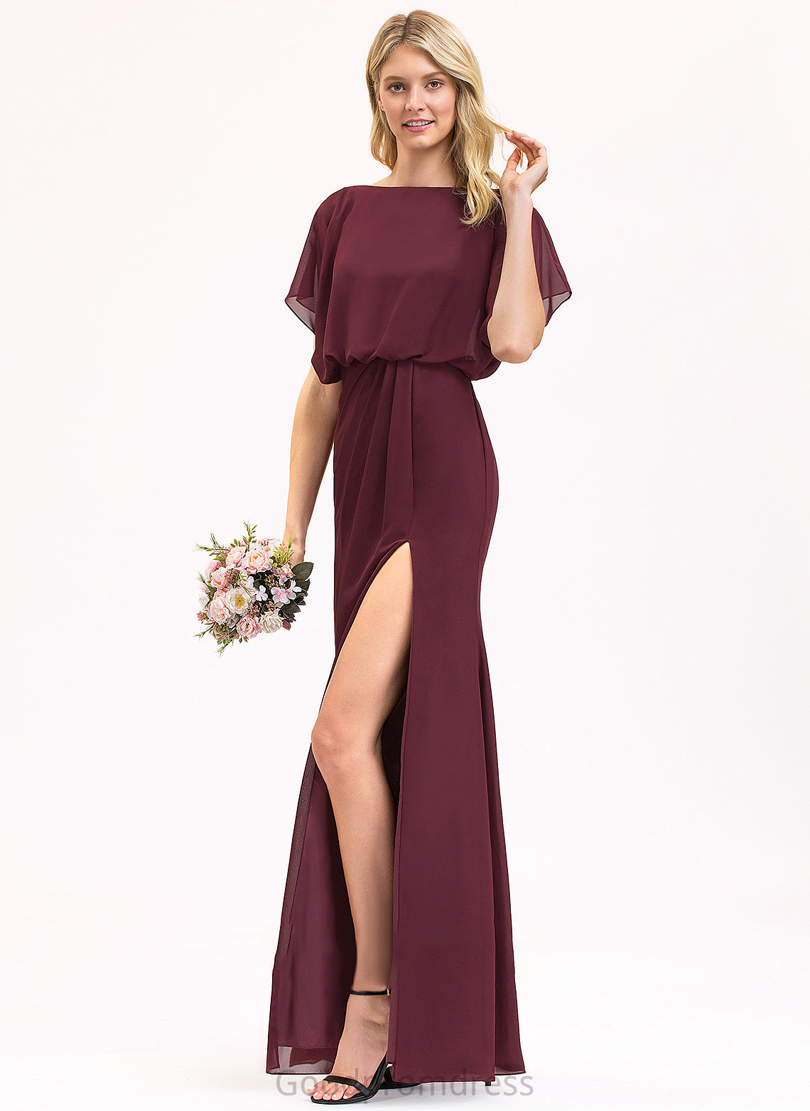 Silhouette Length Fabric Neckline ScoopNeck Sheath/Column SplitFront Ruffle Embellishment Floor-Length Aryanna Floor Length Bridesmaid Dresses