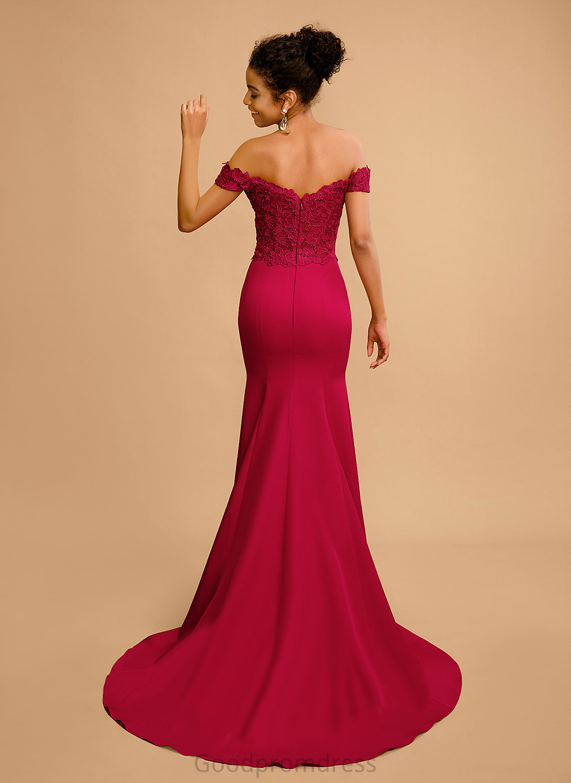 Sequins Crepe Floor-Length Off-the-Shoulder Stretch Trumpet/Mermaid Prom Dresses With Carley Lace