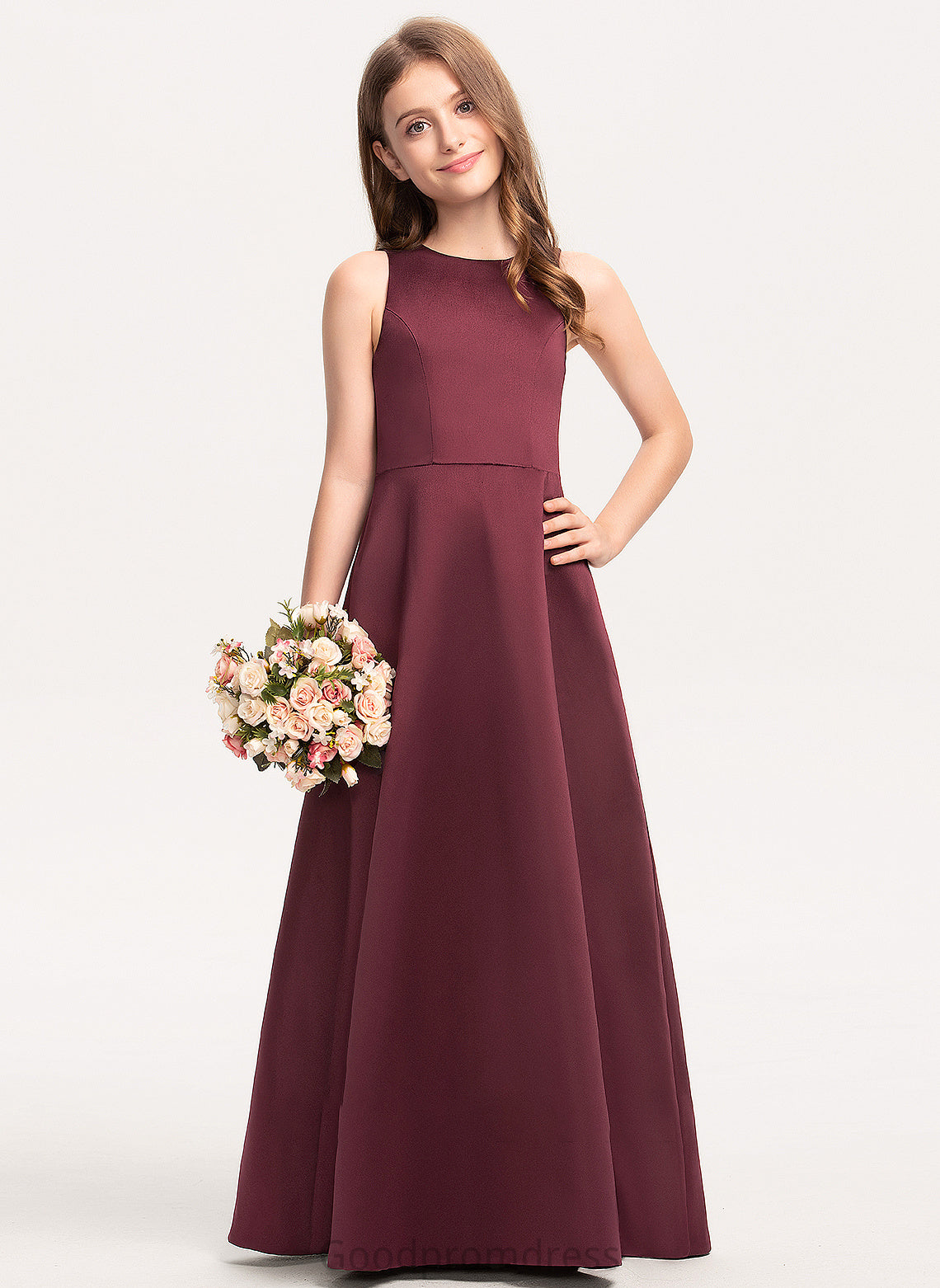 A-Line Neck Scoop Floor-Length Junior Bridesmaid Dresses Erika Satin