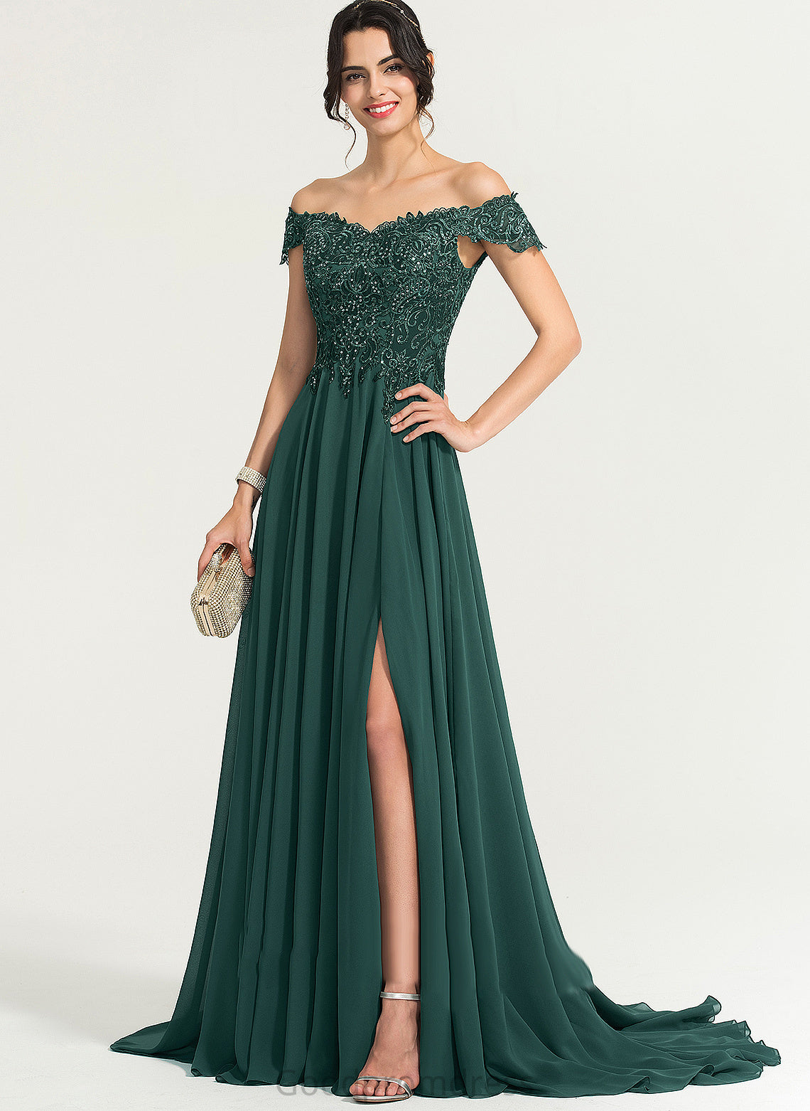 A-Line Off-the-Shoulder Thalia Chiffon Front Train Sweep Sequins With Prom Dresses Split