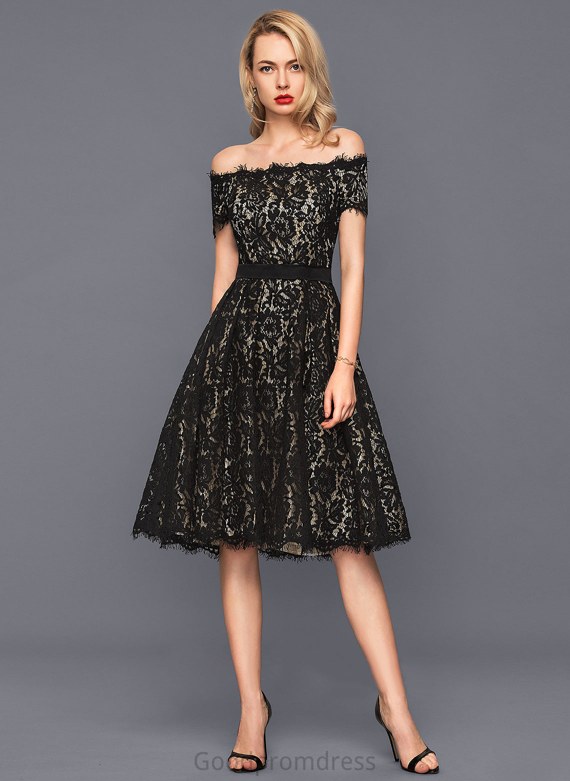 Cocktail Dresses Ryleigh Dress Lace Cocktail Off-the-Shoulder Charmeuse Knee-Length A-Line