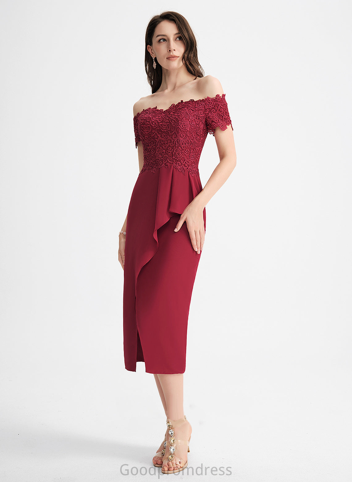 Cocktail Tea-Length Maya Lace Sheath/Column Off-the-Shoulder Dress Chiffon Cocktail Dresses