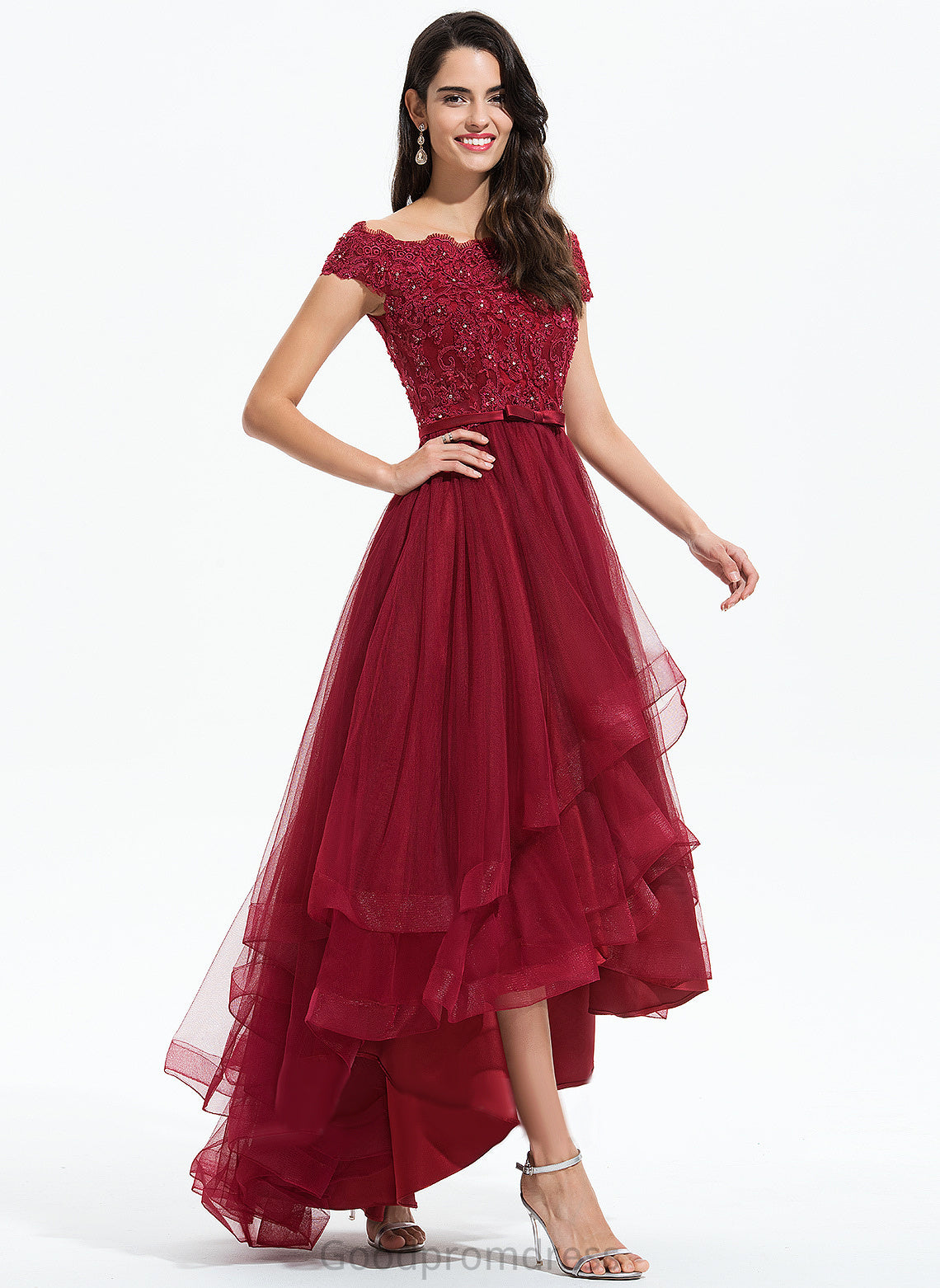 Prom Dresses Sequins Off-the-Shoulder A-Line Asymmetrical Macy Tulle Bow(s) Lace Beading With