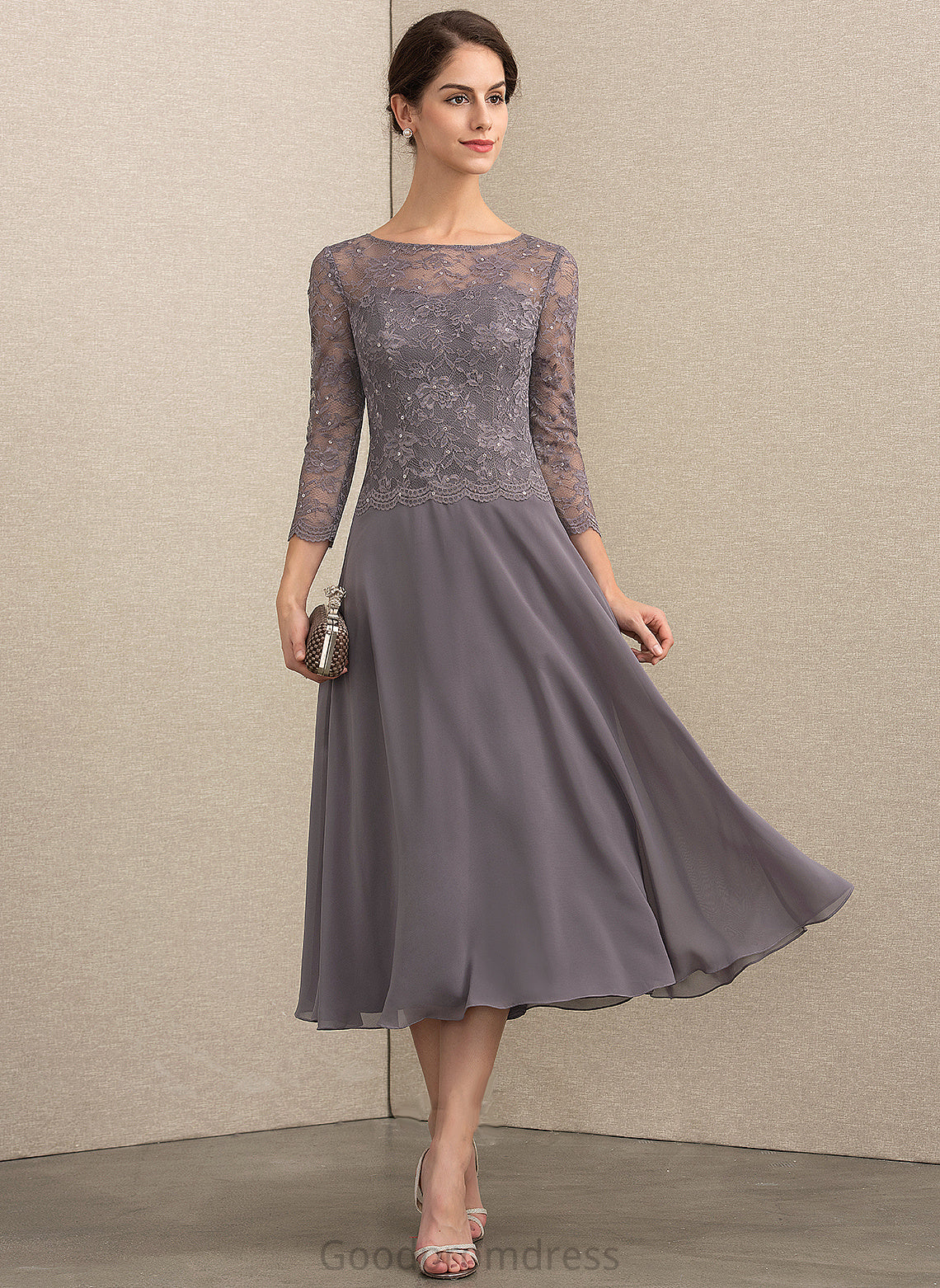 Scoop Lace Mother Tea-Length Mother of the Bride Dresses Sequins Chiffon Neck A-Line Rebekah With the Bride of Dress