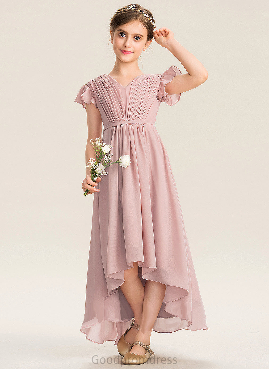 Chiffon V-neck Cascading Asymmetrical A-Line Bow(s) Junior Bridesmaid Dresses Ruffles Kendra With